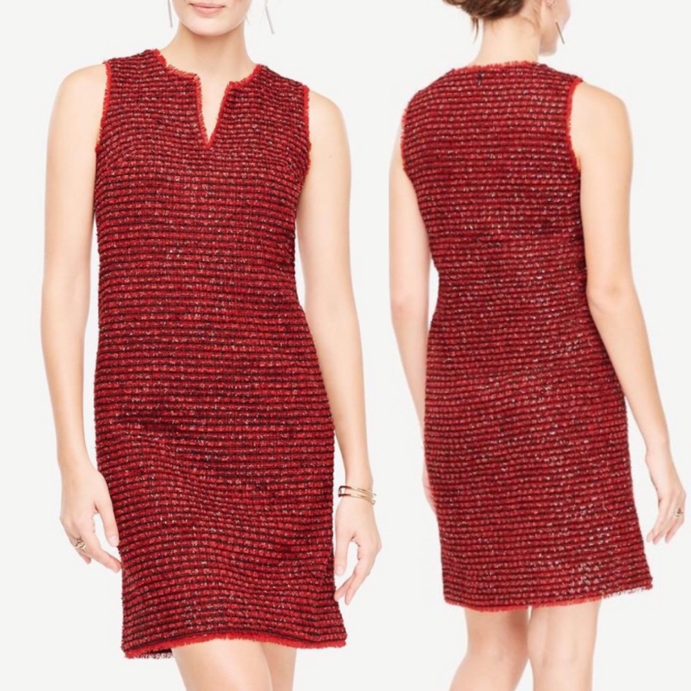 Ann Taylor Fringe Tweed Sleeveless Shift Dress Red Metallic Sz 6 Holiday Xmas